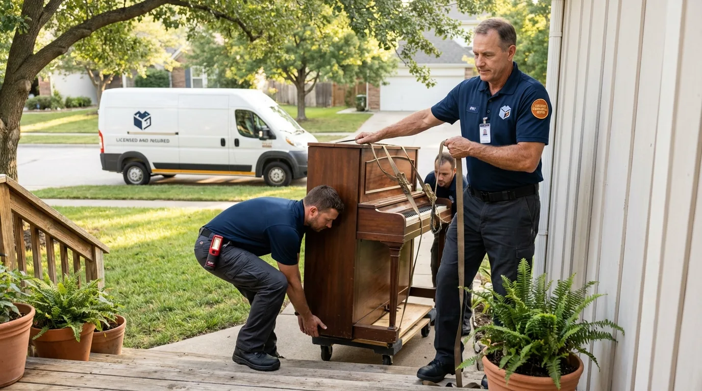 Licensed piano movers securing grand piano in Rockford, AL