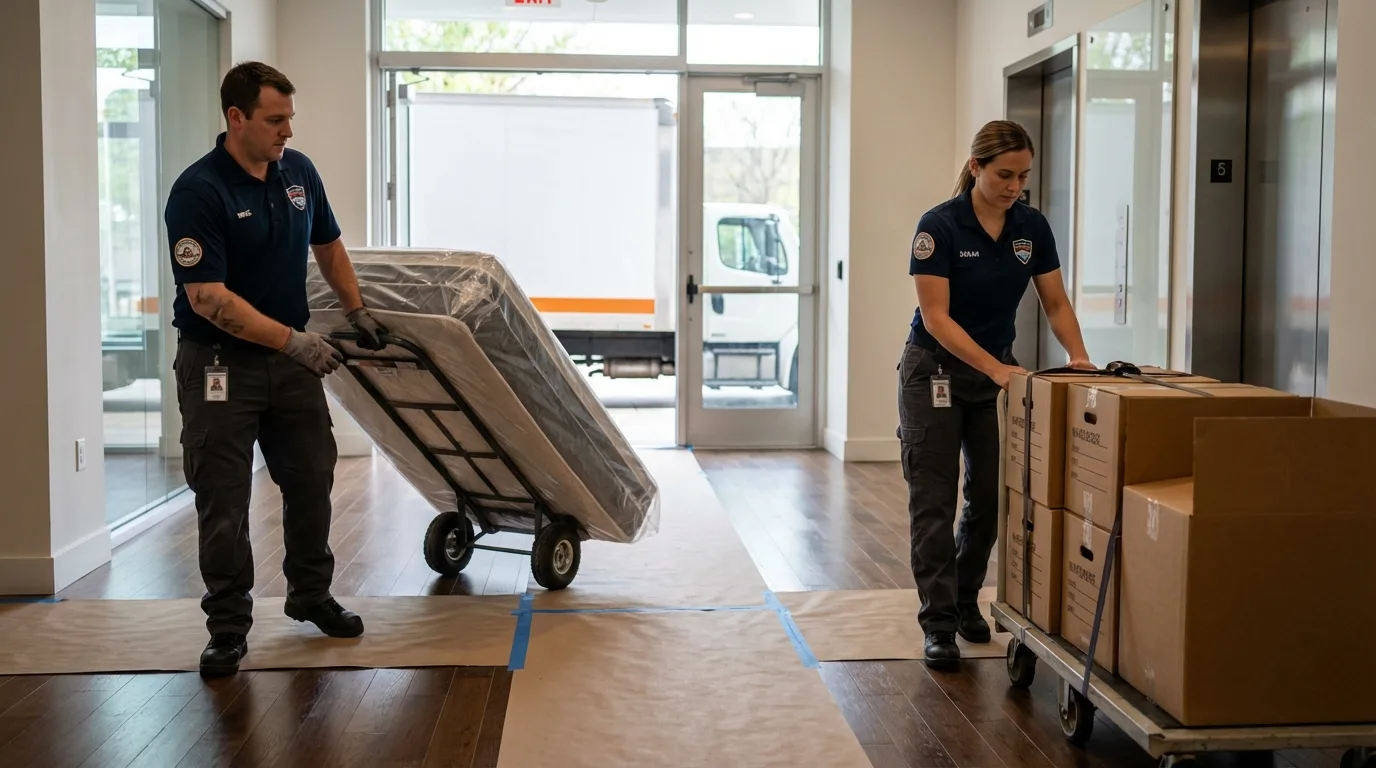 Professional apartment movers loading elevator in Rockford, AL